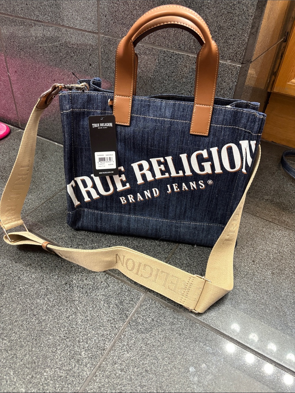 True Religion Navy Denim Tote with Tan Handles and Beige Strap